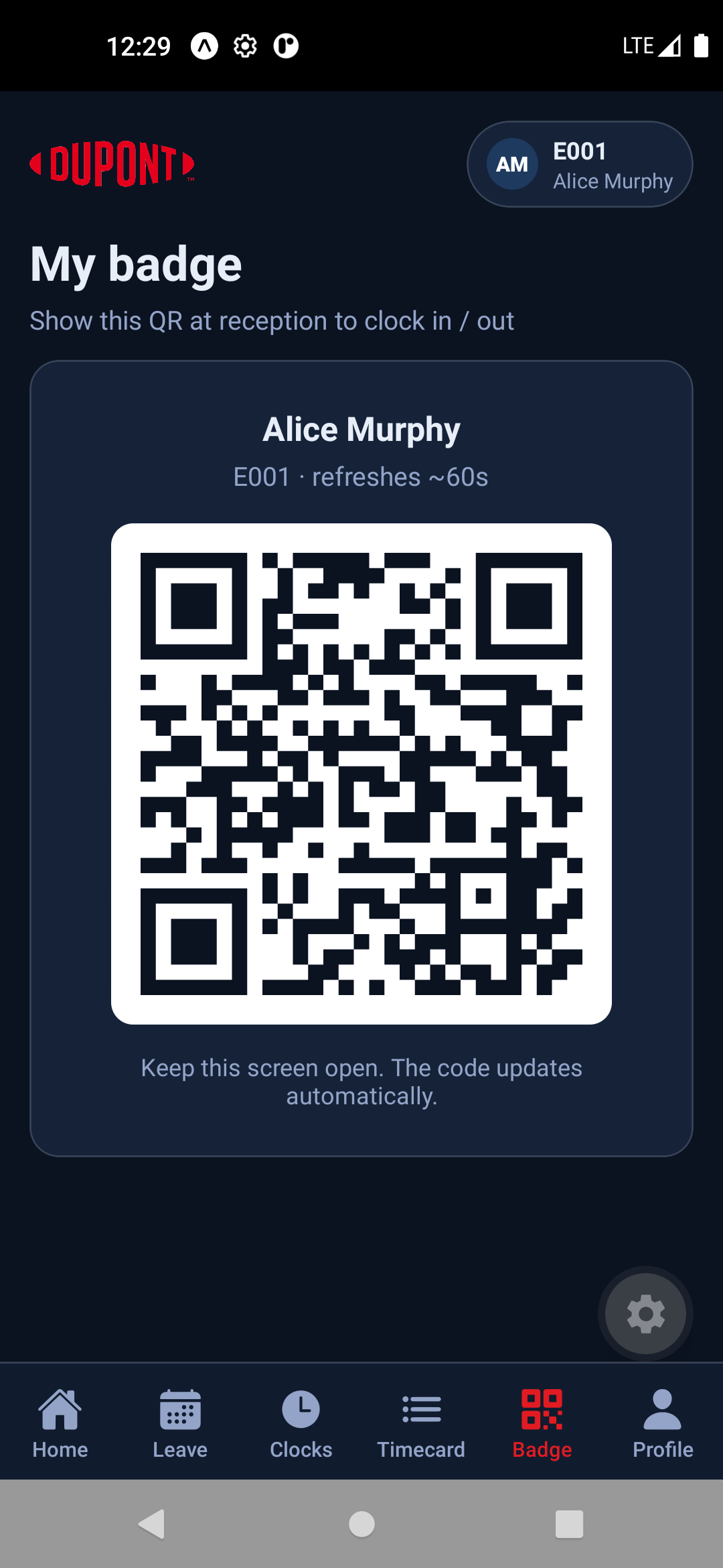 Clock-in badge QR
