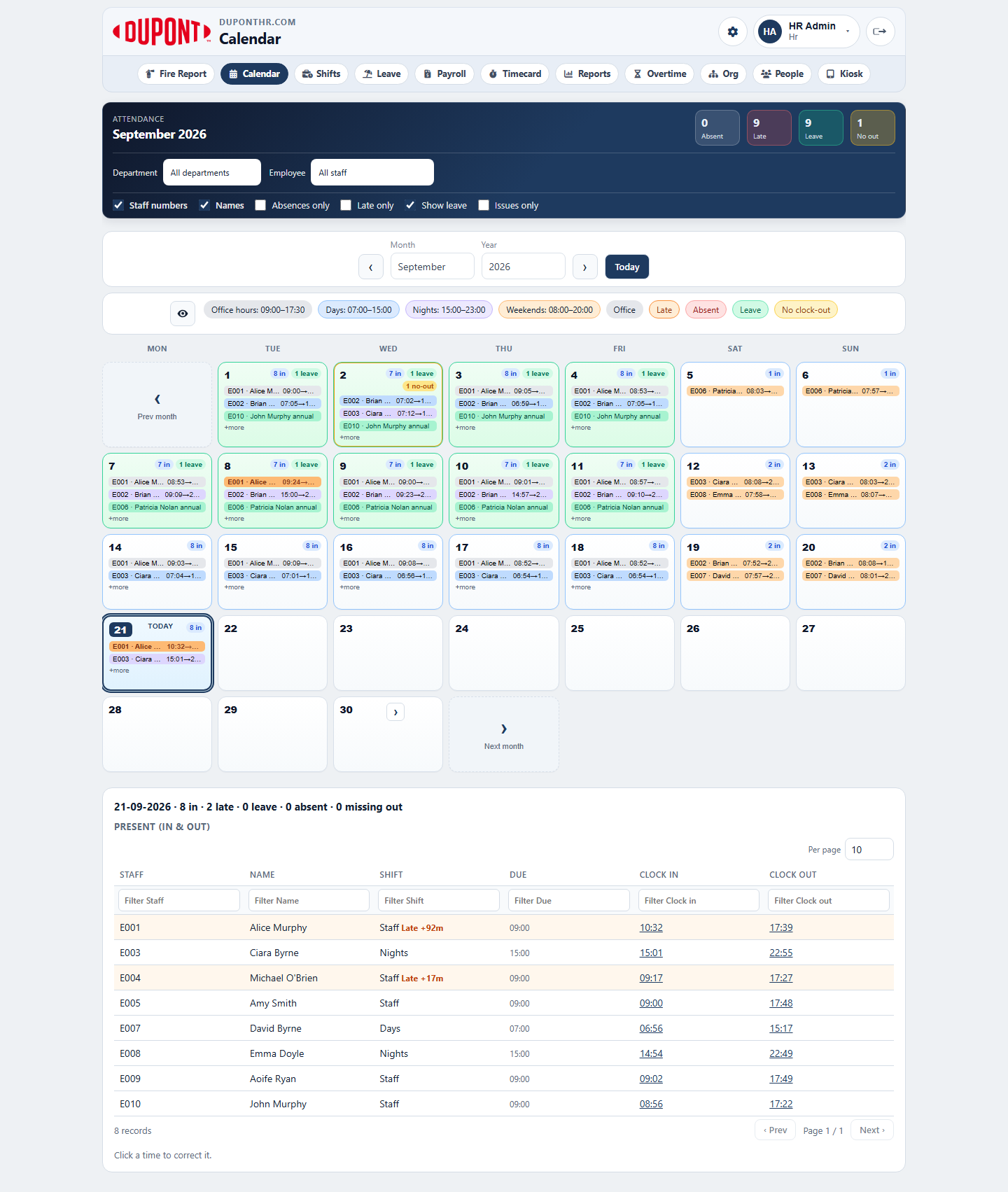Attendance calendar